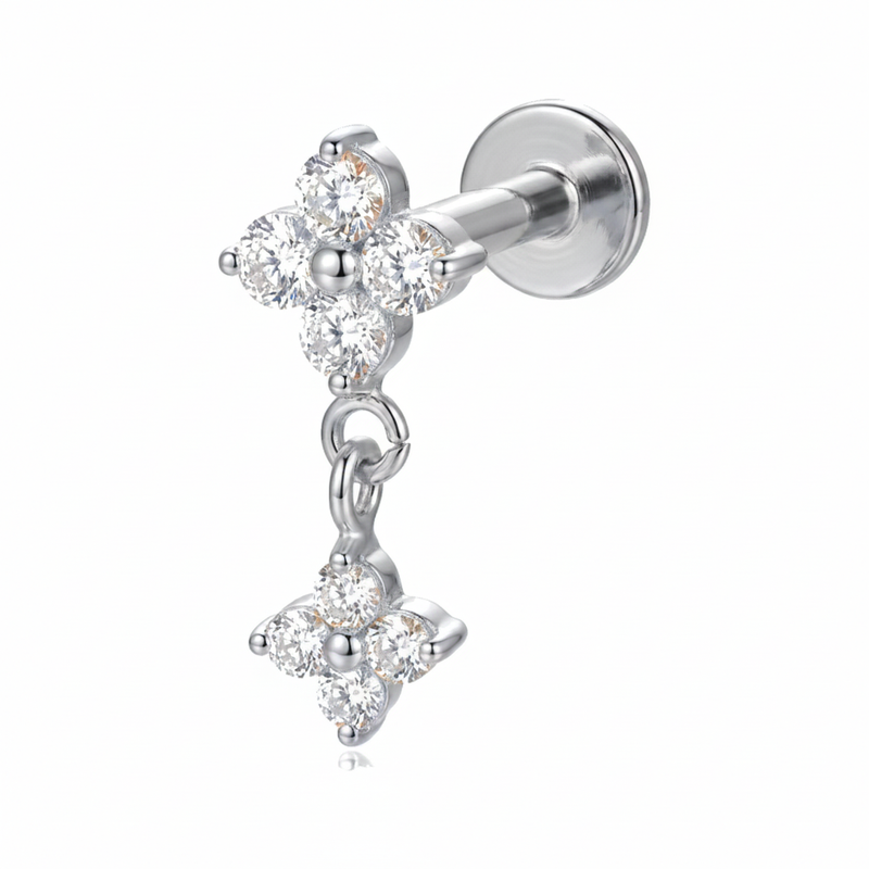 Piercing oreille labret doré fleur zircone double pendentif - vue 3