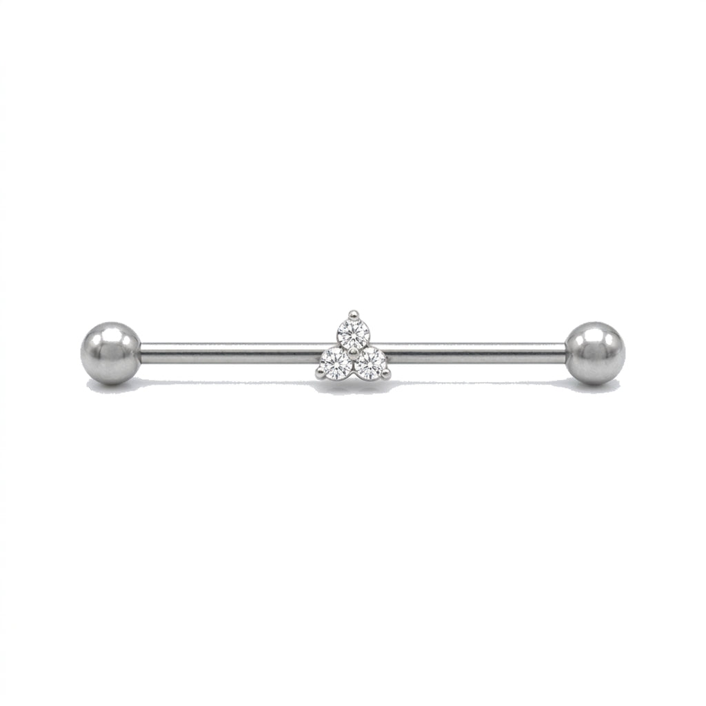 Piercing industriel barre argentée, motif triangle de zircones violett - vue 4