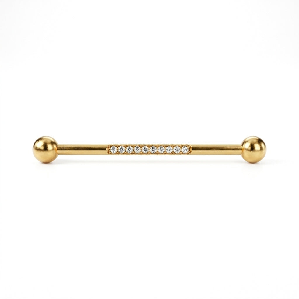 Piercing Industriel Doré, Barre Titane avec Ligne Zircones