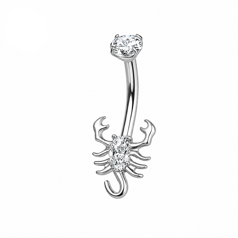 Piercing nombril scorpion zircon marquise argenté — queue recourbée
