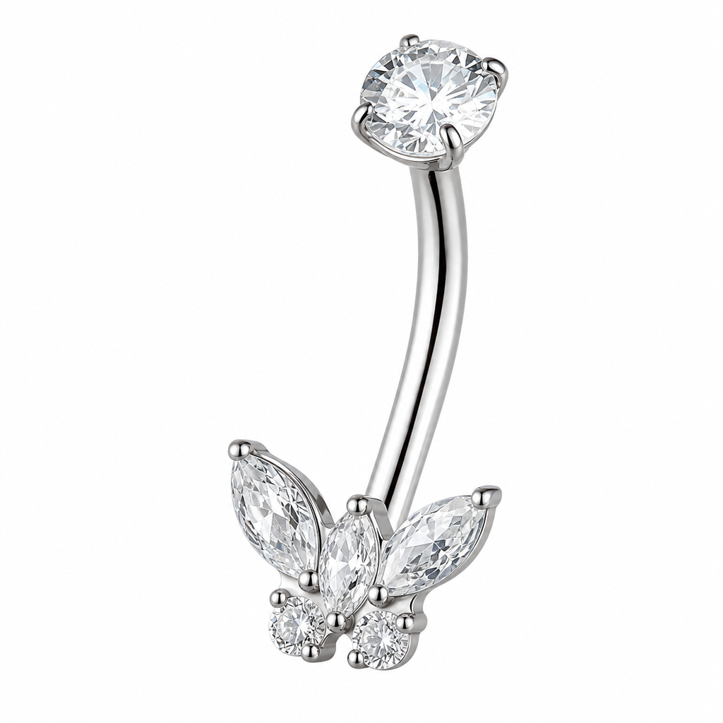 Piercing nombril papillon titane argenté — ailes fines zircon marquise