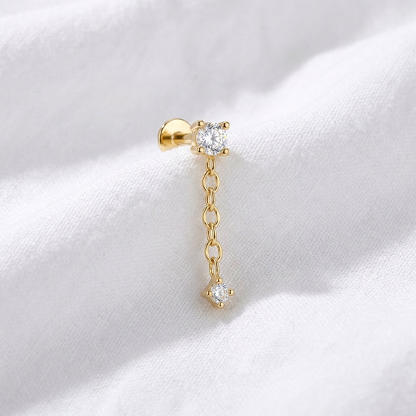 Piercing cartilage labret doré chaîne zircon serti griffes - vue 4