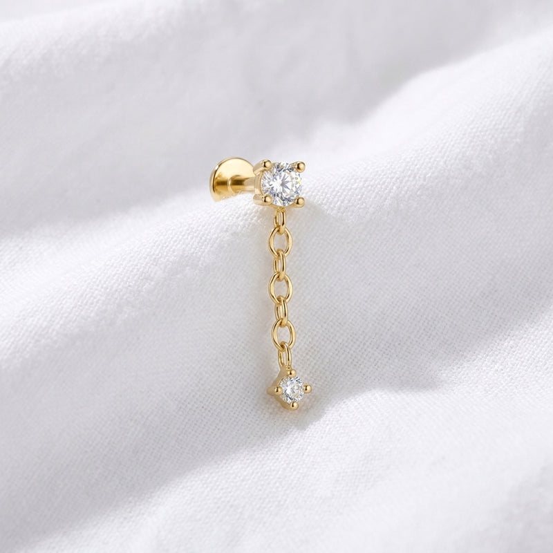 Piercing cartilage labret doré chaîne zircon serti griffes - vue 4