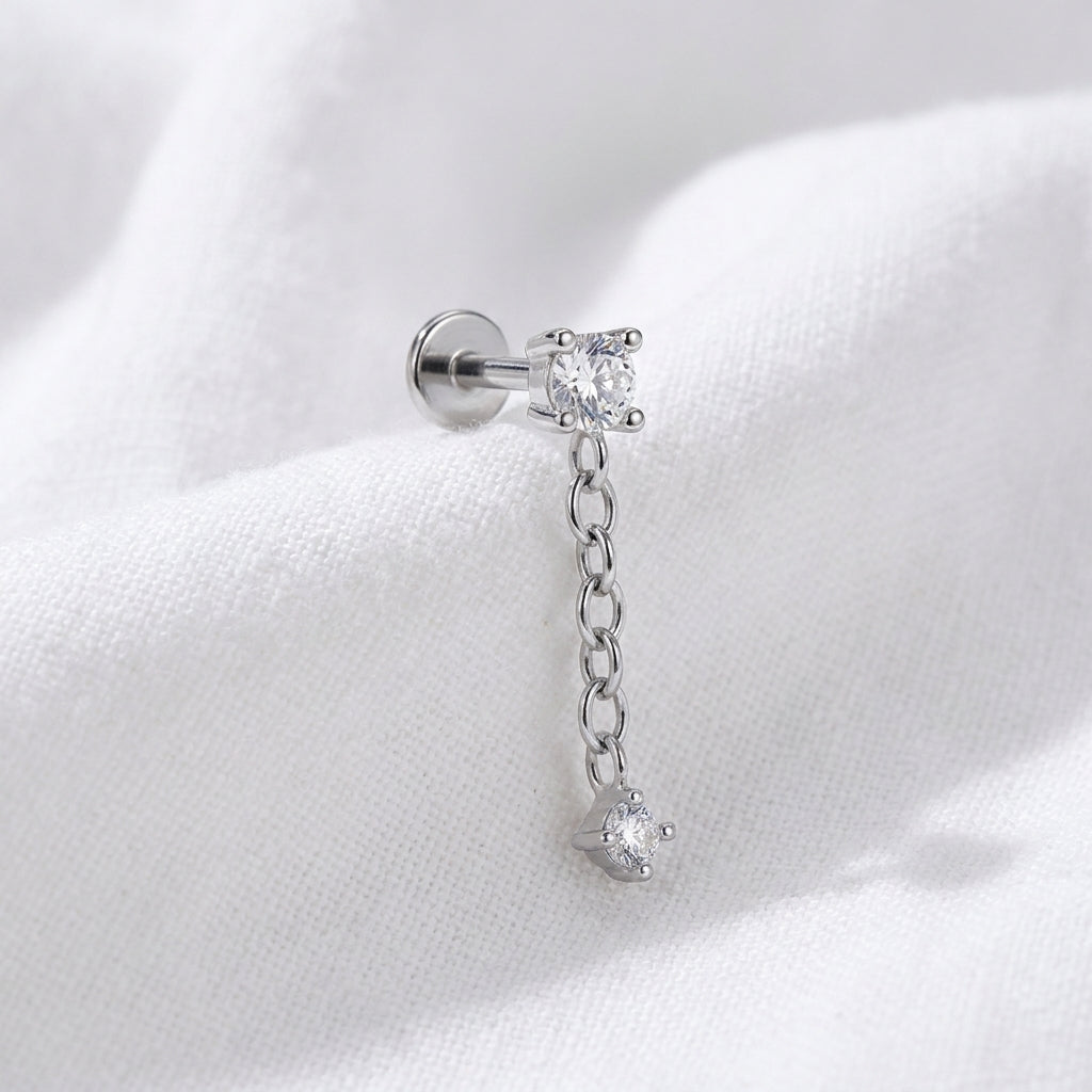 Piercing cartilage labret doré chaîne zircon serti griffes - vue 2
