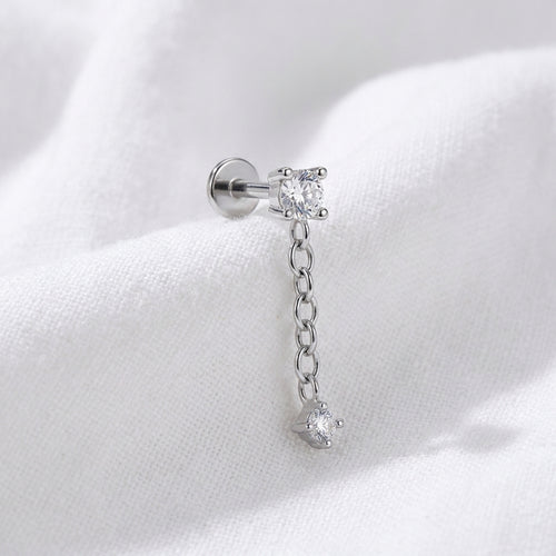 Piercing cartilage labret doré chaîne zircon serti griffes - vue 2