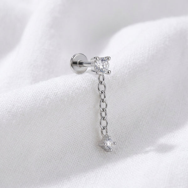 Piercing cartilage labret doré chaîne zircon serti griffes - vue 2
