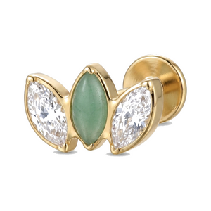 Piercing Helix Labret Doré, Triple Marquise Zircon et Jade Vert