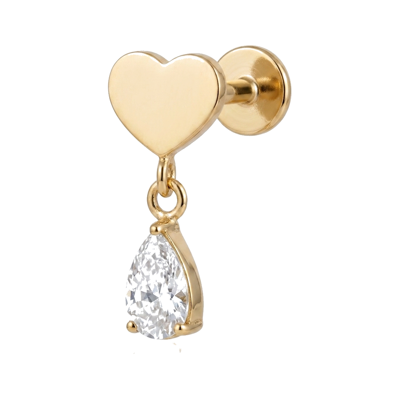 Piercing Labret Cœur Doré Pendentif Goutte Zircon | Tragus & Helix