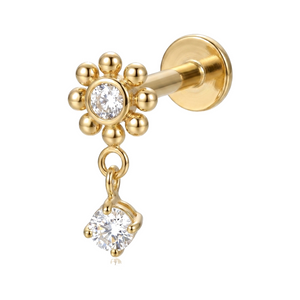 Labret Doré Fleur Boules Zircone & Solitaire Pendant