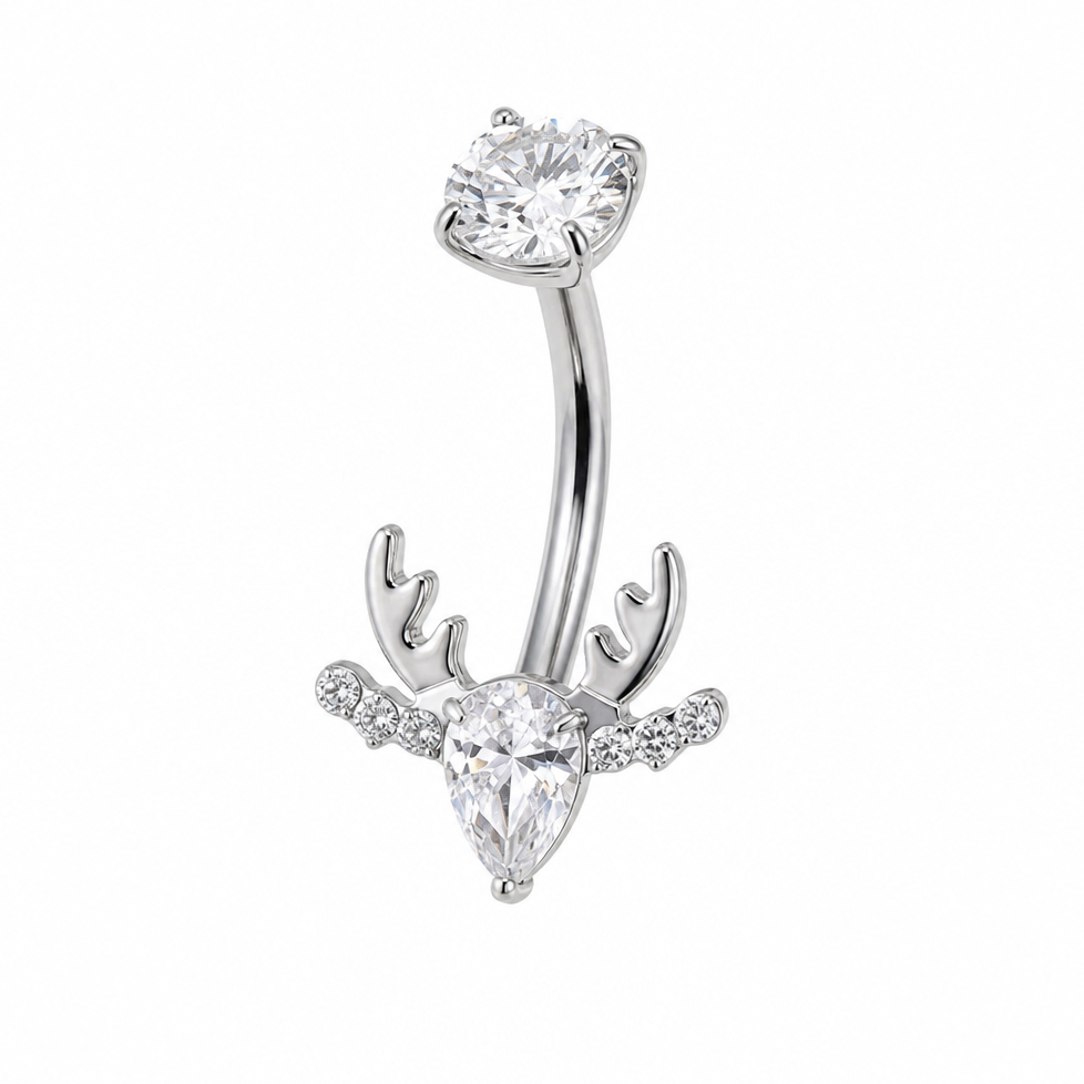 Piercing nombril bois de cerf argenté — tête de renne zircon goutte