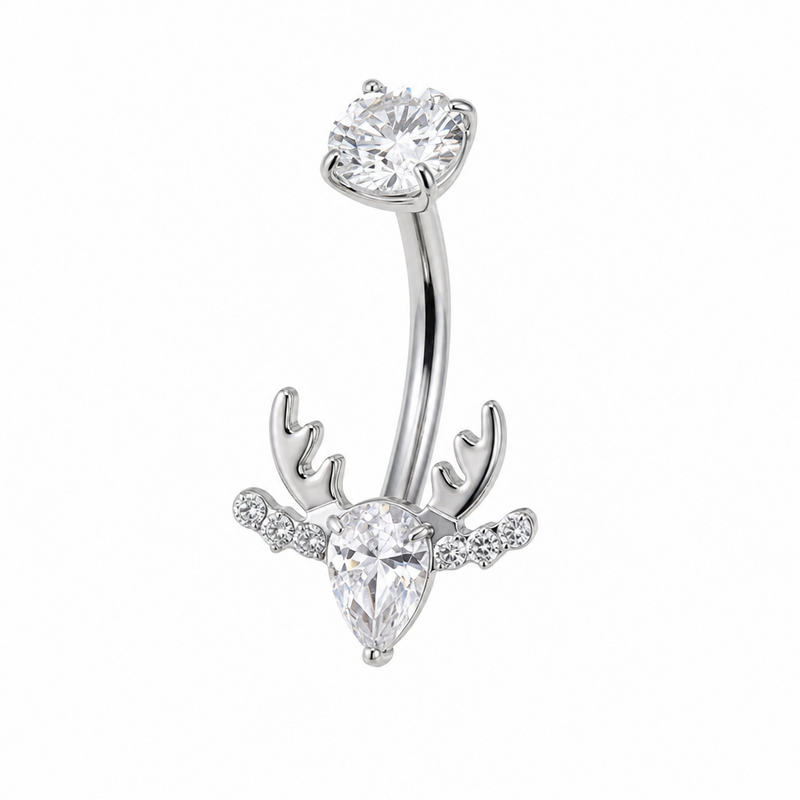 Piercing nombril bois de cerf argenté — tête de renne zircon goutte