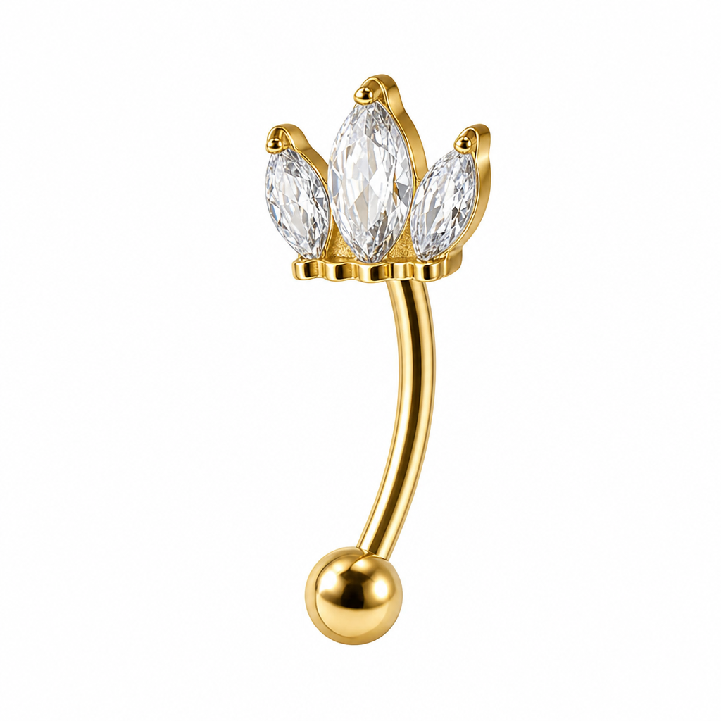 Piercing nombril inversé couronne 3 zircons marquise doré — bijou vers le haut