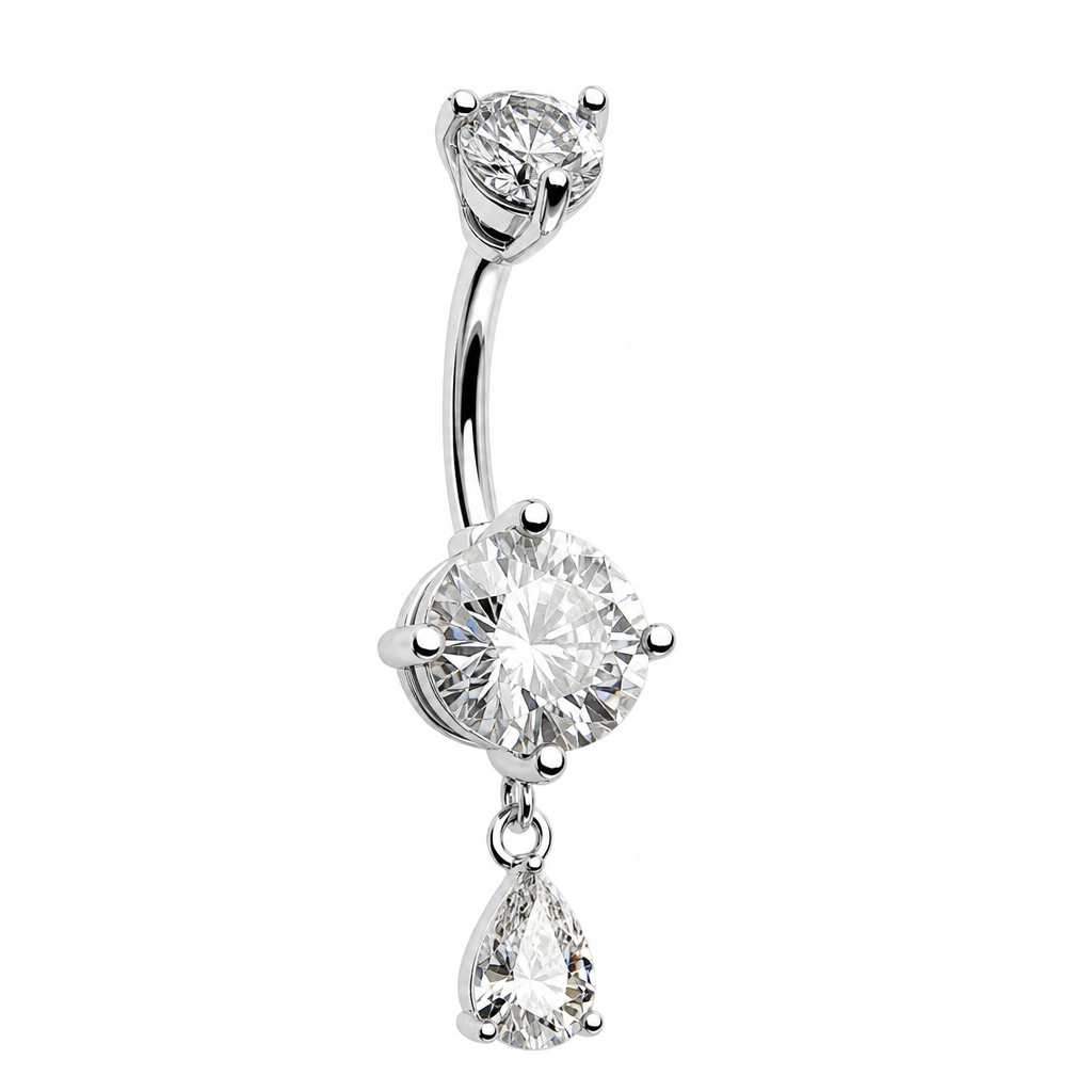 Piercing nombril pendentif goutte zircon argenté — grand solitaire avec pendentif