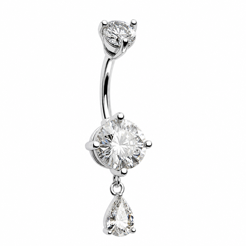 Piercing nombril pendentif goutte zircon argenté — grand solitaire avec pendentif