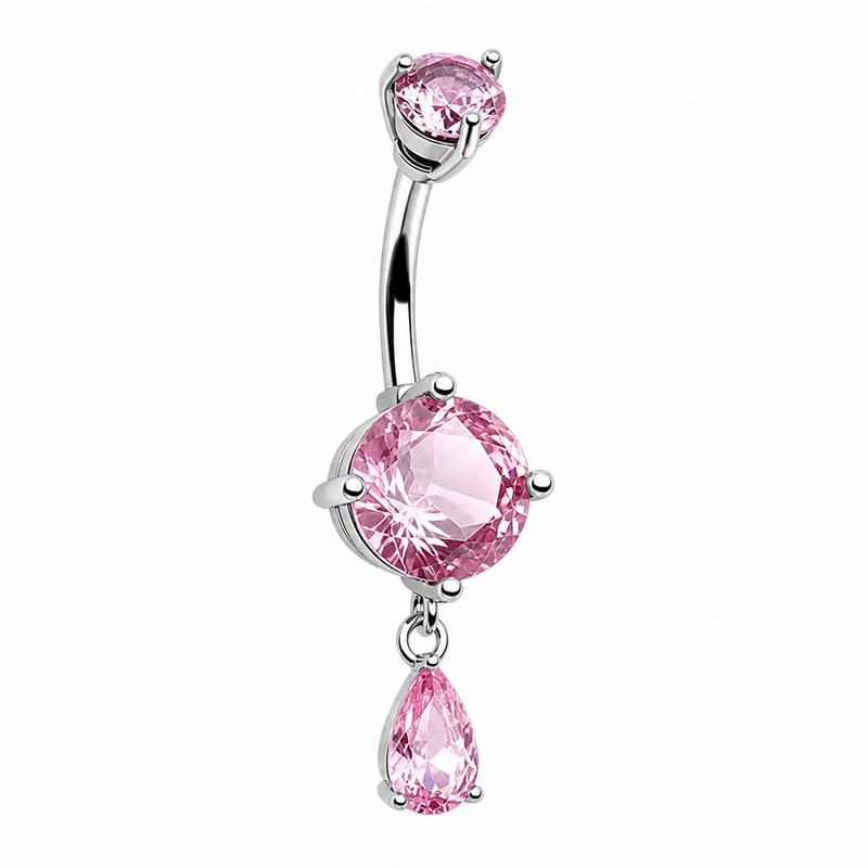 Piercing nombril pendentif goutte zircon rose argenté — coloris rose