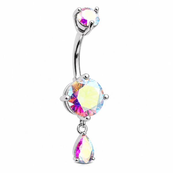 Piercing nombril pendentif goutte zircon aurora argenté — reflets irisés