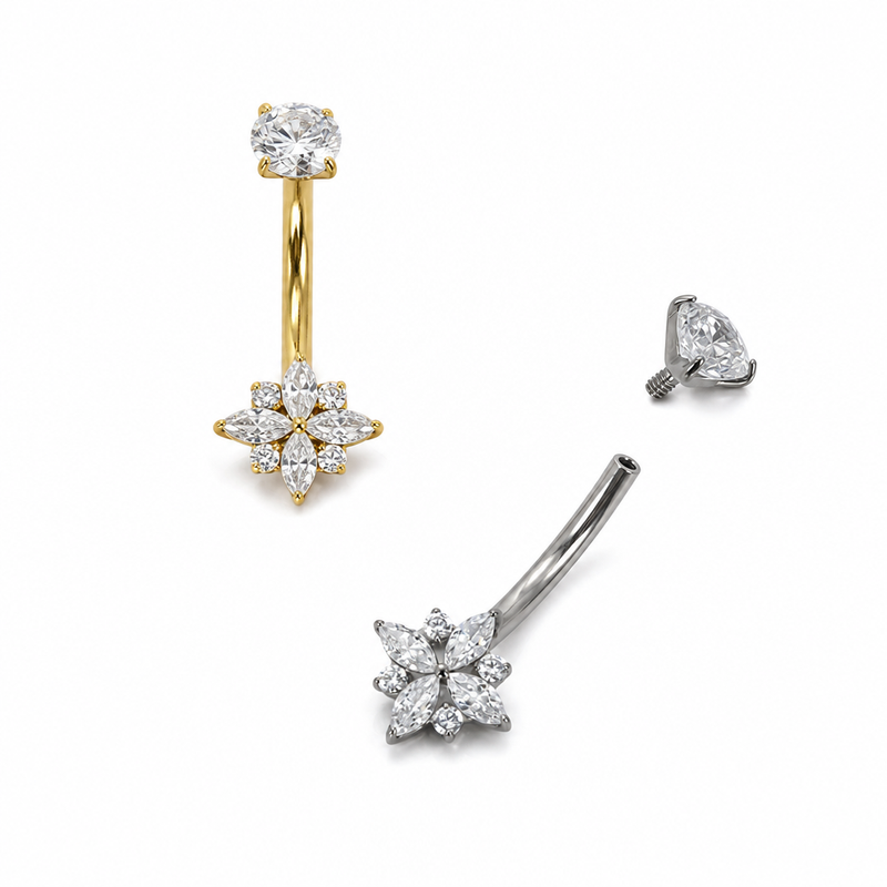 Piercing nombril fleur marquise — assemblage pièce dorée et argentée