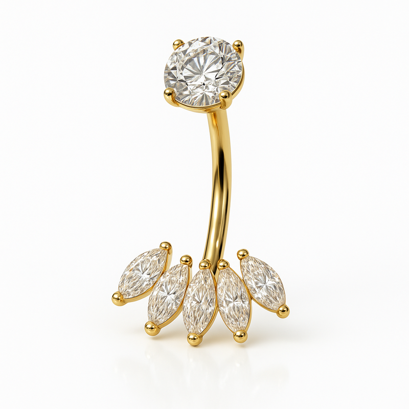 Piercing nombril couronne 5 zircons marquise doré — design éventail