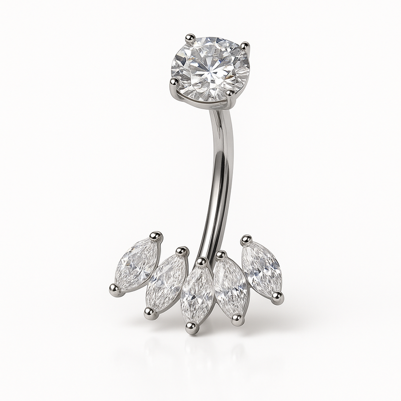 Piercing nombril couronne 5 zircons marquise argenté — design éventail