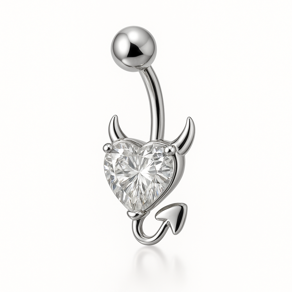 Piercing nombril cœur diable blanc argenté — zircon cœur avec cornes