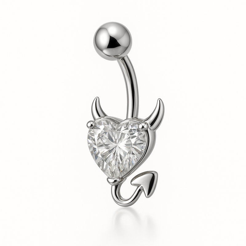 Piercing nombril cœur diable blanc argenté — zircon cœur avec cornes