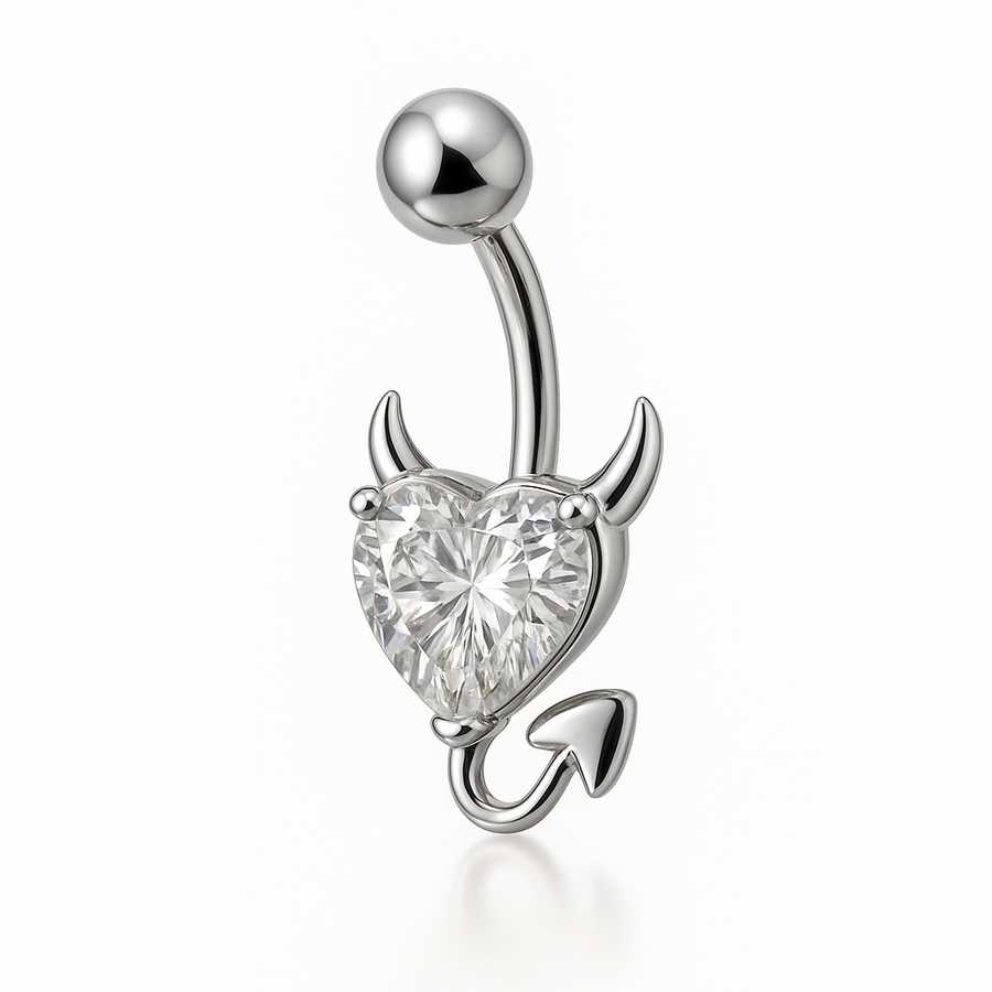 Piercing nombril cœur diable blanc argenté — zircon cœur avec cornes
