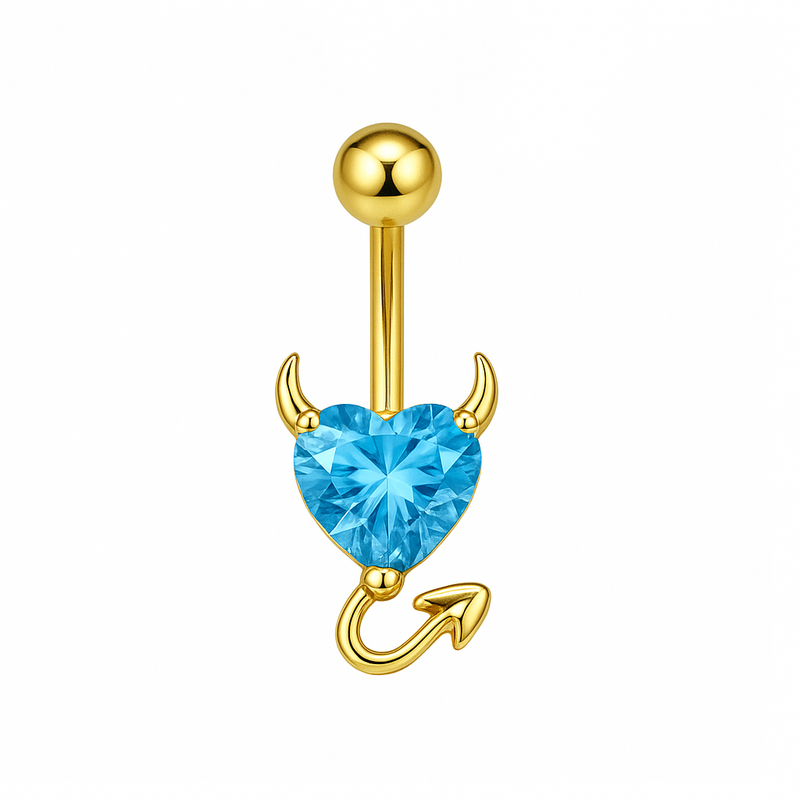 Piercing nombril cœur diable bleu clair doré — zircon aquamarine doré