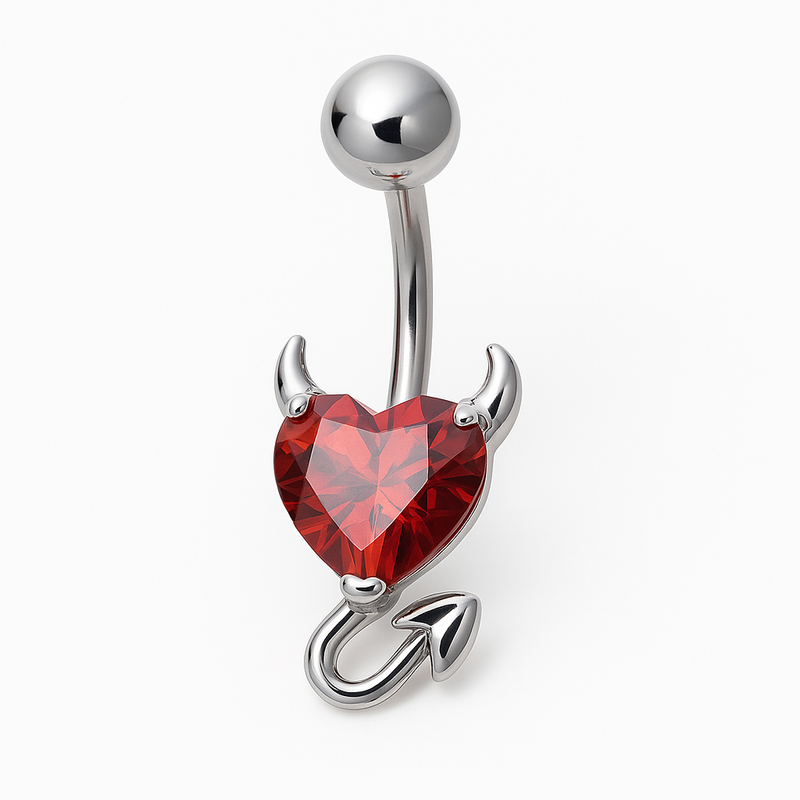 Piercing nombril cœur diable rouge argenté — zircon cœur rouge
