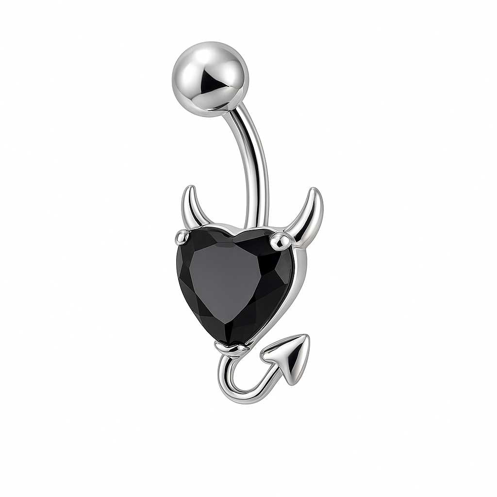 Piercing nombril cœur diable noir argenté — zircon cœur noir