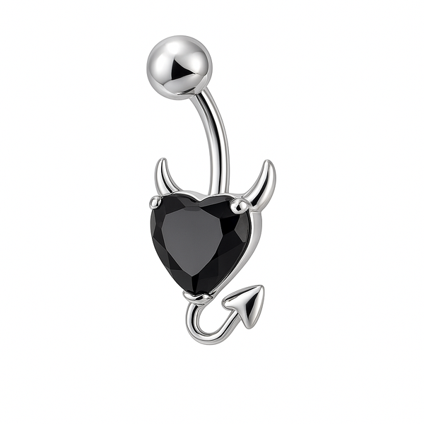 Piercing nombril cœur diable noir argenté — zircon cœur noir