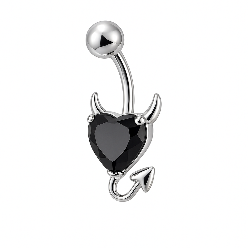 Piercing nombril cœur diable noir argenté — zircon cœur noir