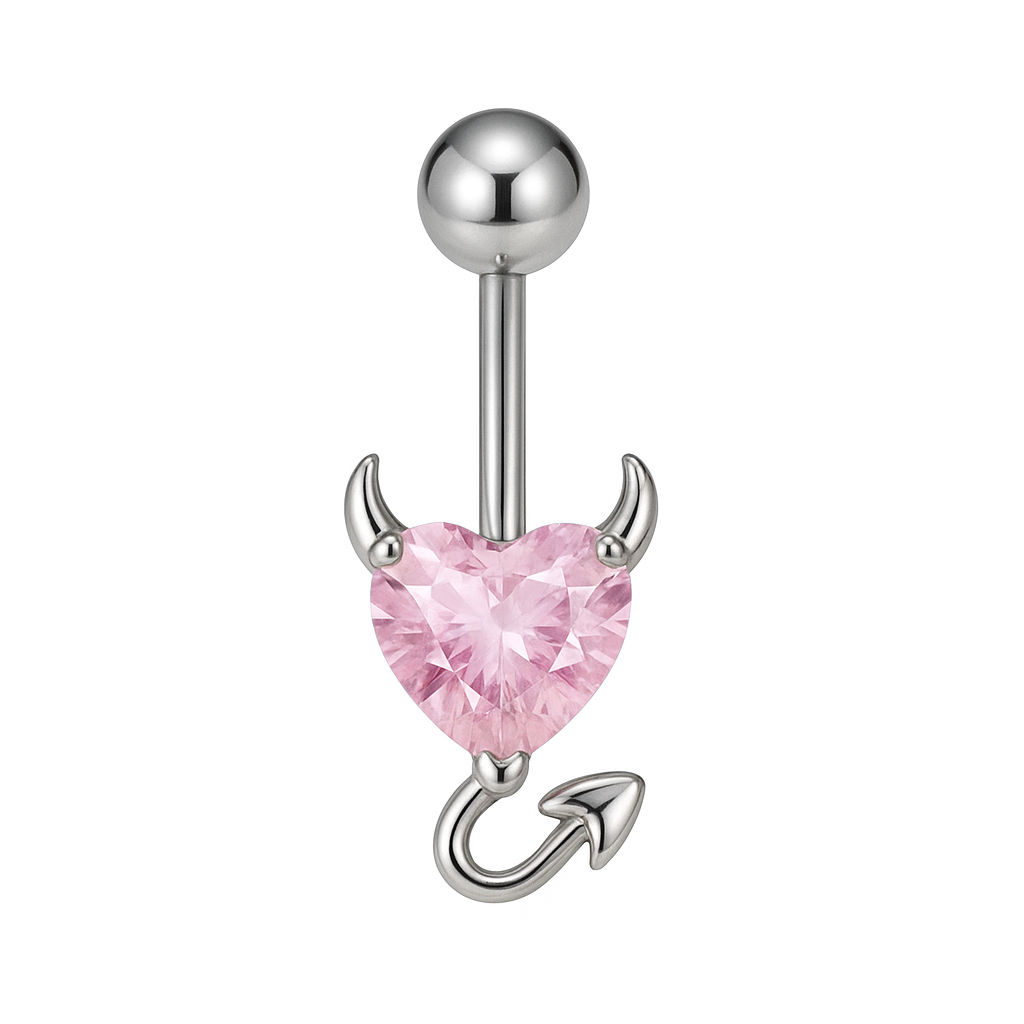 Piercing nombril cœur diable rose argenté — zircon cœur rose
