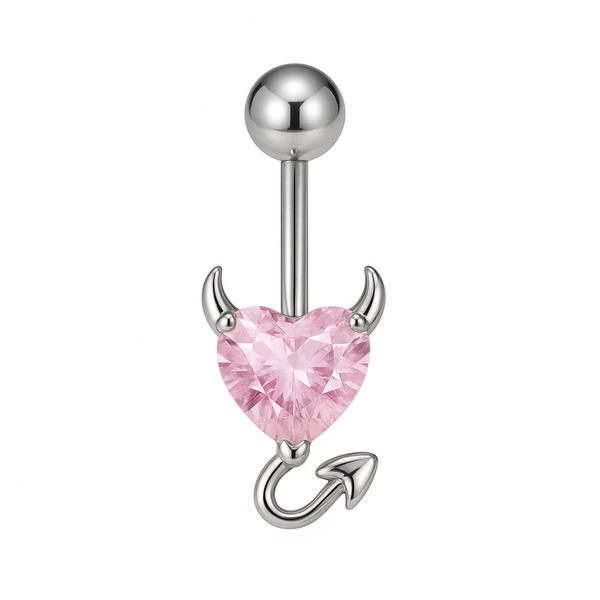 Piercing nombril cœur diable rose argenté — zircon cœur rose