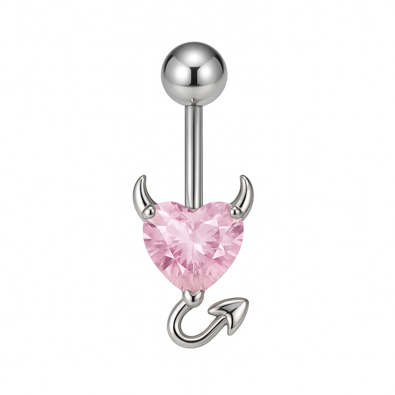 Piercing nombril cœur diable rose argenté — zircon cœur rose