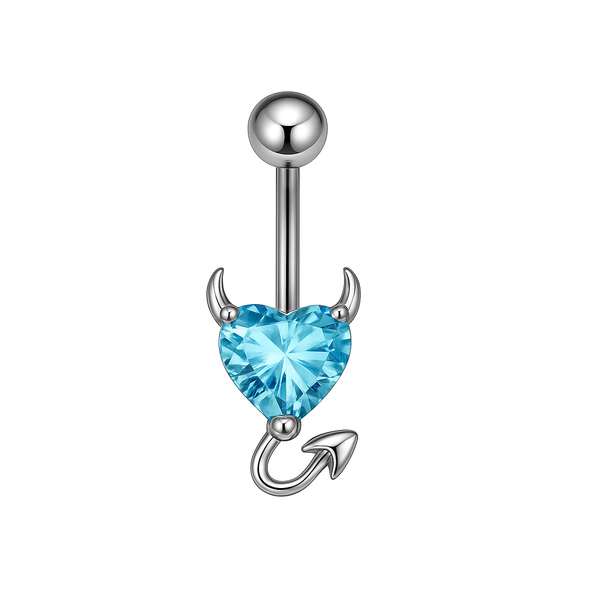 Piercing nombril cœur diable bleu clair argenté — zircon cœur aquamarine