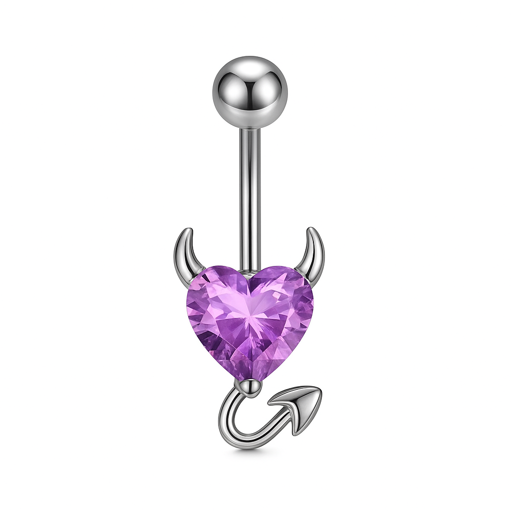 Piercing nombril cœur diable violet argenté — zircon cœur violet