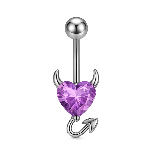 Piercing nombril cœur diable violet argenté — zircon cœur violet