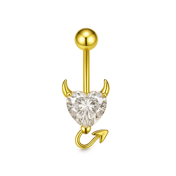 Piercing nombril cœur diable blanc doré — zircon cœur avec cornes dorées