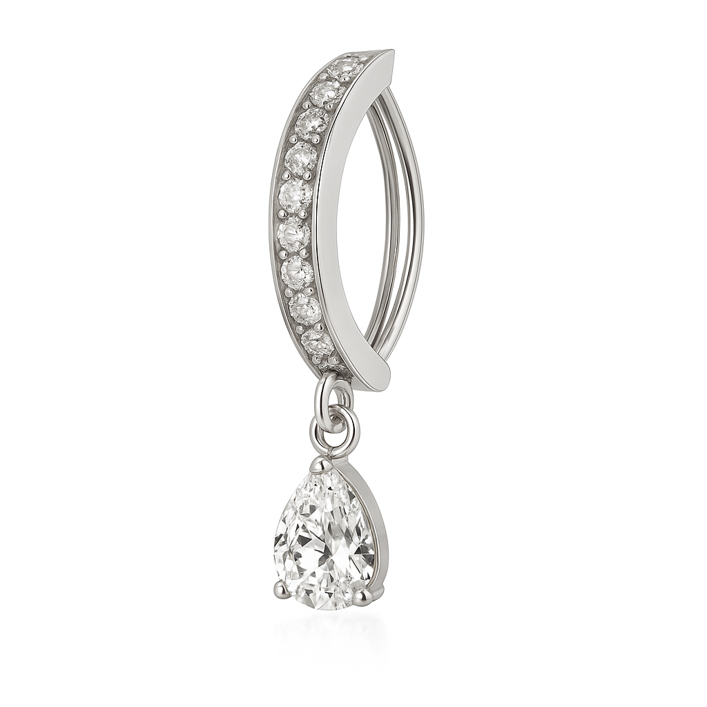 Piercing nombril anneau clicker pavé zircon argenté — pendentif goutte cristal