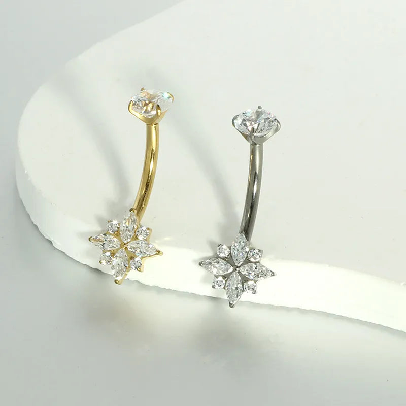Piercing nombril fleur zircon marquise — comparaison coloris doré et argenté