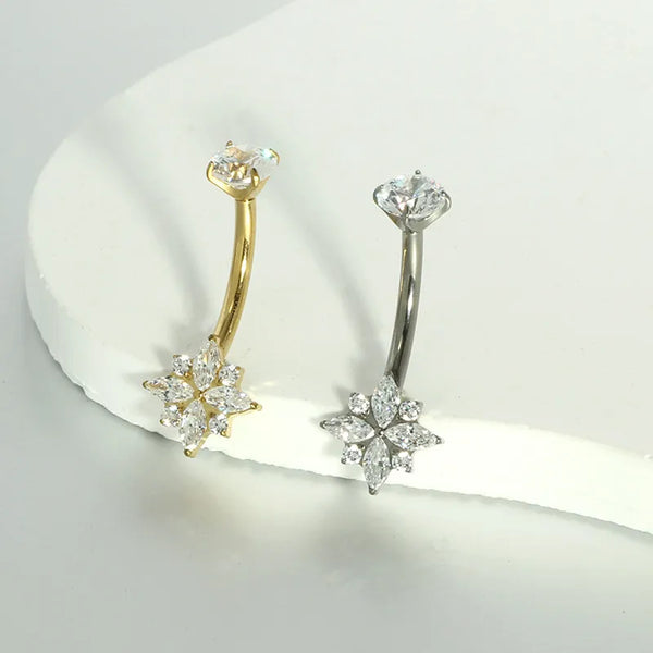 Piercing nombril fleur zircon marquise — comparaison coloris doré et argenté