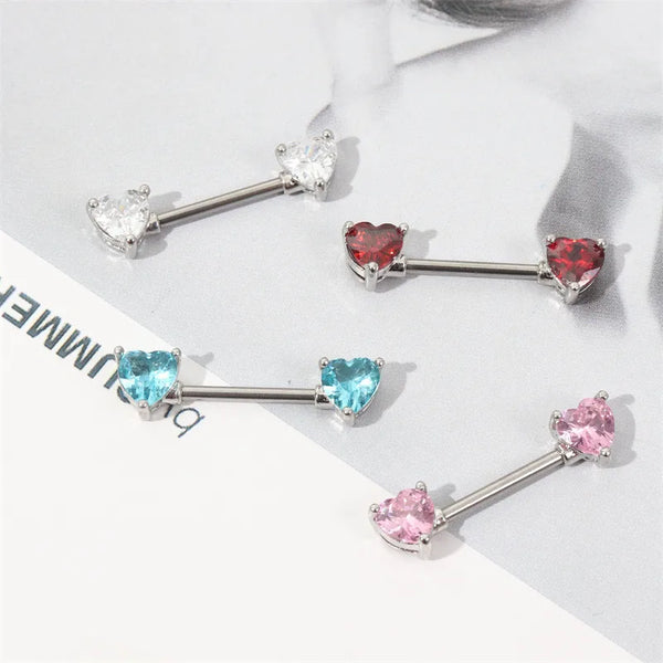Piercing téton double cœur zircon multicolore — présentation blanc, rouge, turquoise et rose