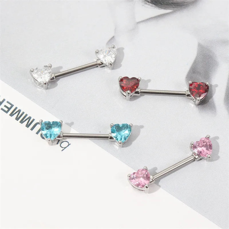 Piercing téton double cœur zircon multicolore — présentation blanc, rouge, turquoise et rose