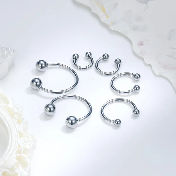 Collection fers a cheval septum argentes 6 tailles differentes — flat lay fond blanc