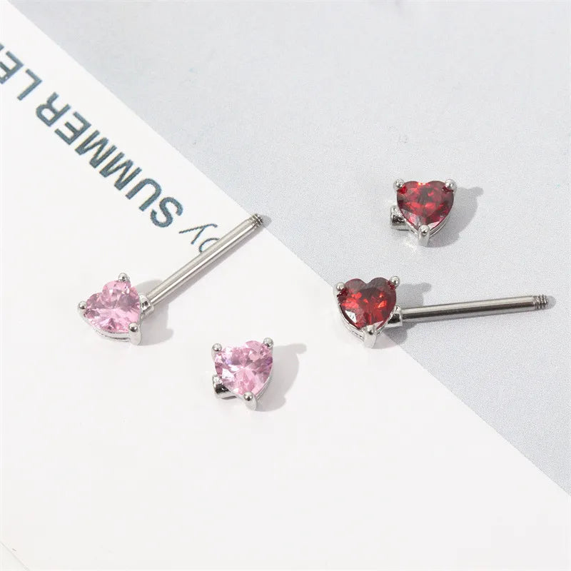 Piercing téton double cœur zircon rose et rouge — détail composants barre et boules cœur