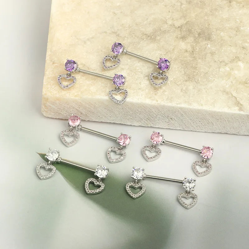 Piercing téton pendentif cœur zircon — présentation coloris blanc, rose et violet