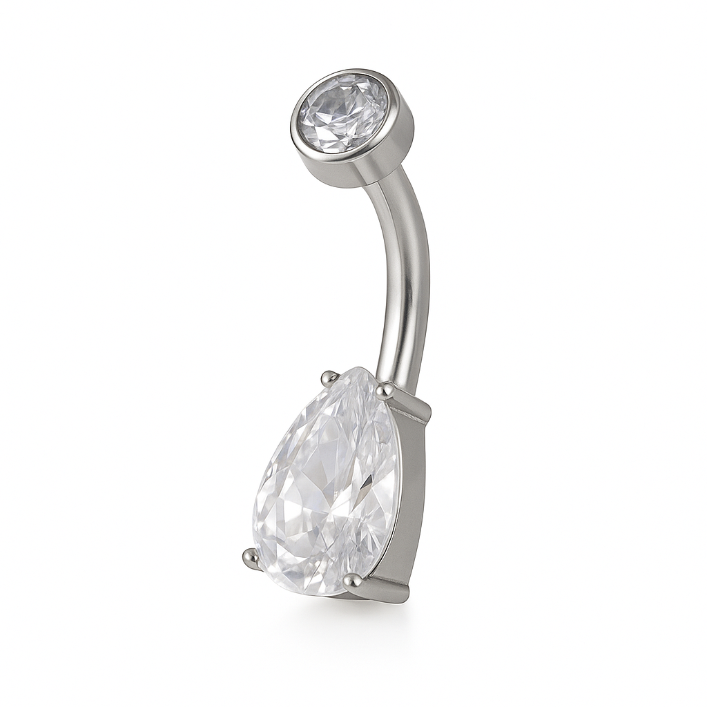 Piercing nombril bijou goutte zircon blanc cristal — coloris argenté