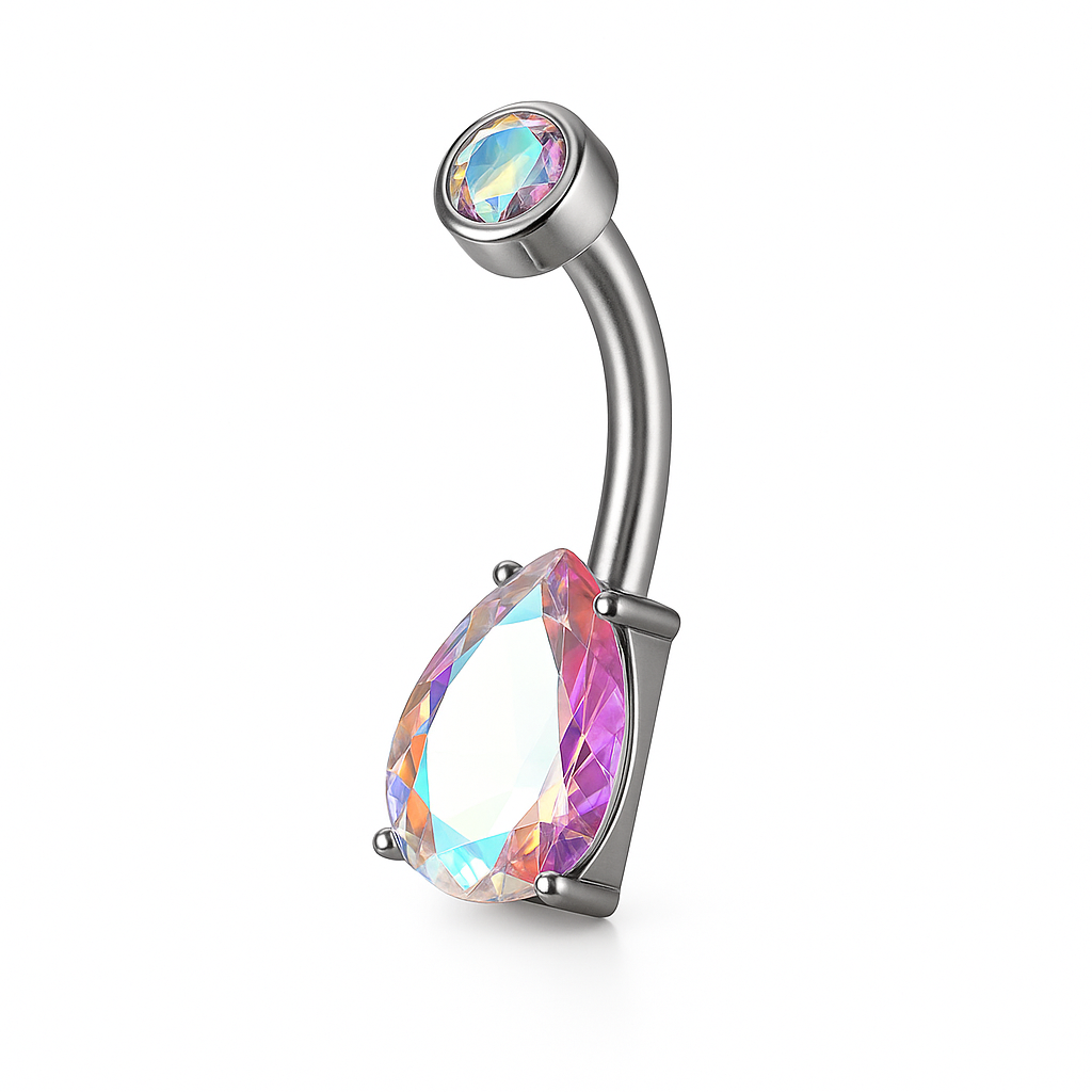 Piercing nombril bijou goutte zircon aurora — reflets irisés multicolores