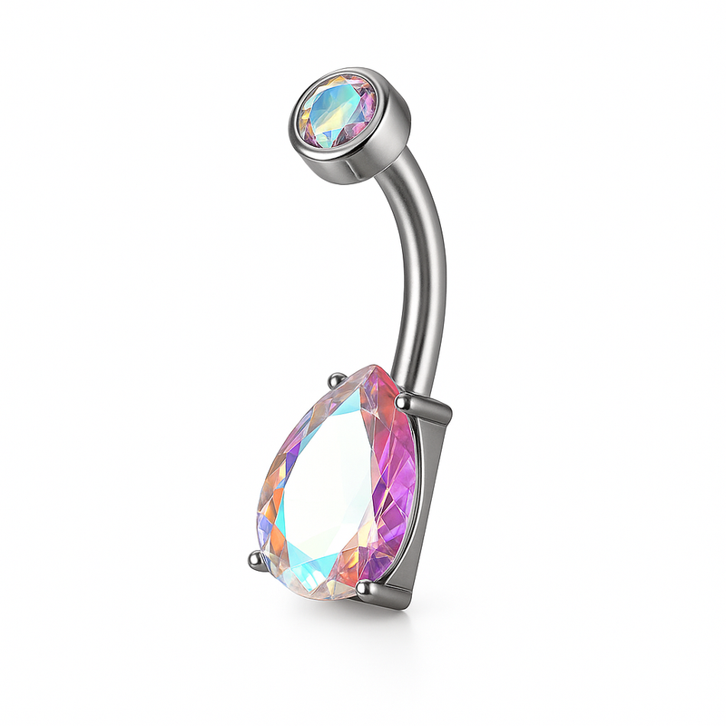 Piercing nombril bijou goutte zircon aurora — reflets irisés multicolores