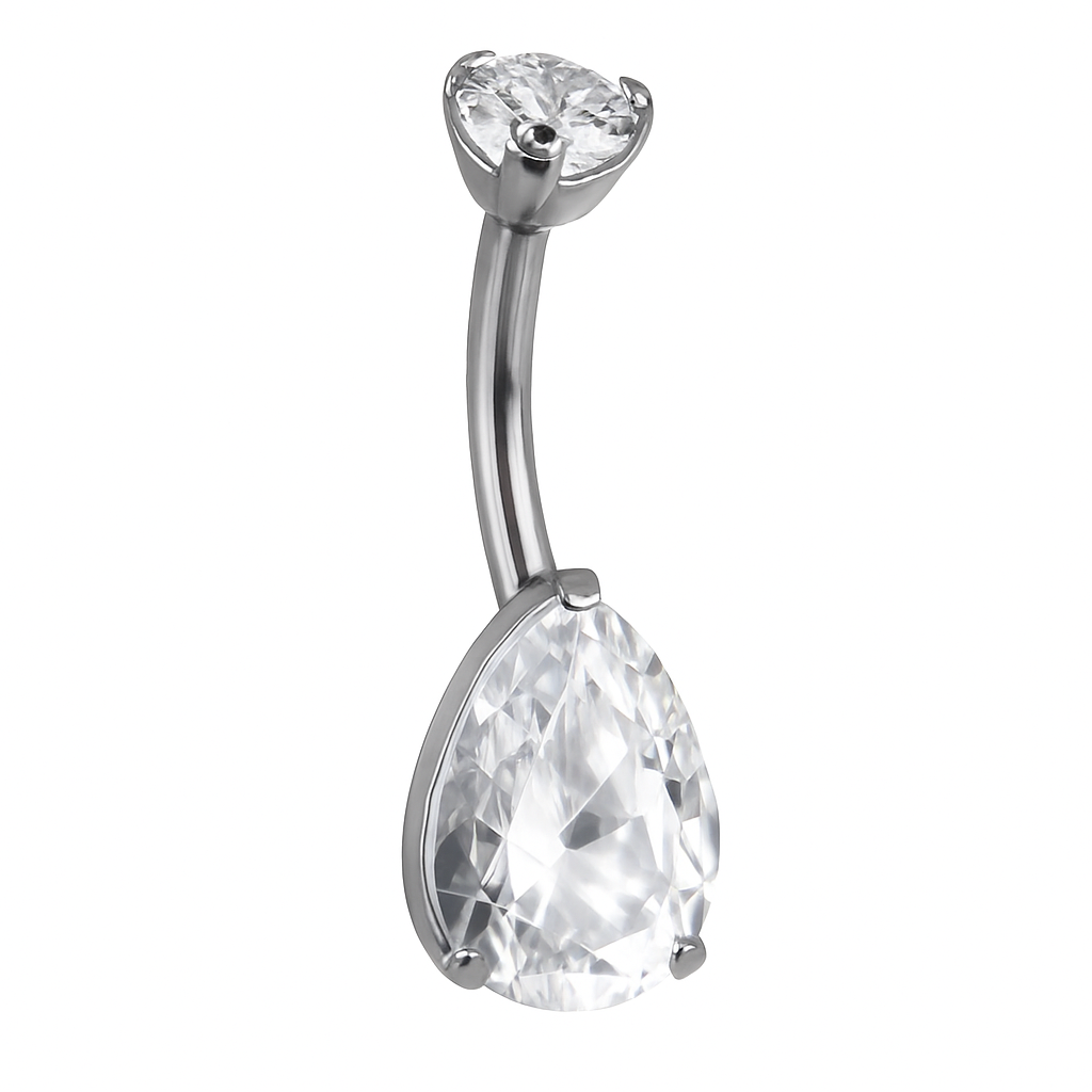 Piercing nombril goutte opale zircon argenté — pendentif larme transparente
